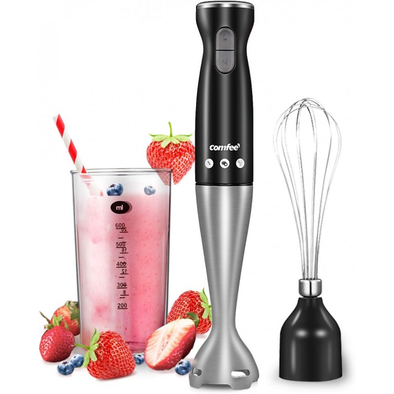 COMFEE' Immersion Hand Blender, Brushed Stainless Steel, Multipurpose Stick Blender with 500 Watts, 600ml Beaker, 500ml Chopper 